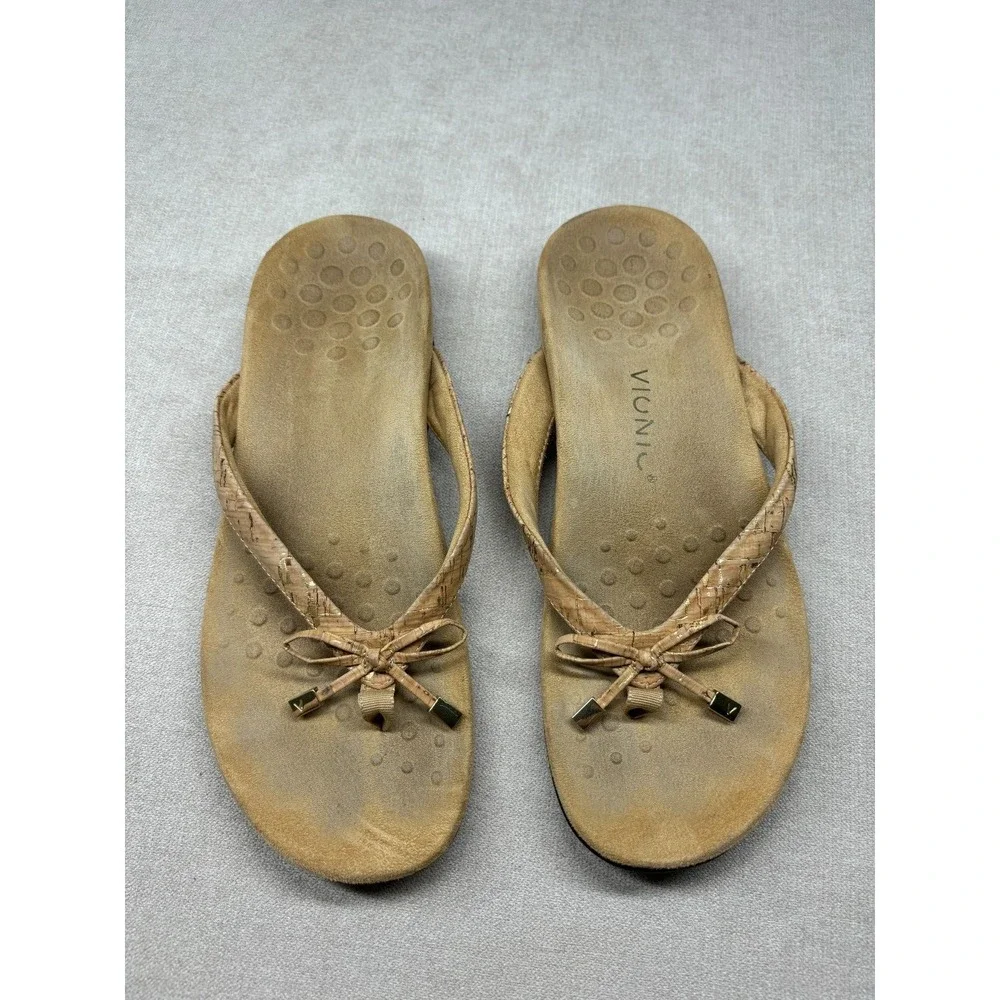 Vionic Sandals Brown 10 Bella II Cork Slides Flip Flops Contoured Footbed Bow